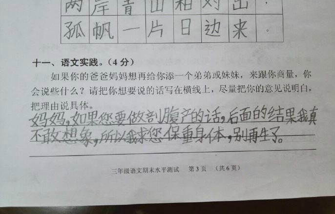 语文试题涉及二孩 小学生神回复走红(组图)(9)
