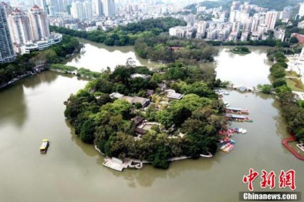 鸟瞰福州西湖 万株鸢尾宛如一把“翡翠琵琶”