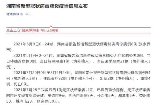 湖南9日新增新冠肺炎确诊病例6例 均在张家界市