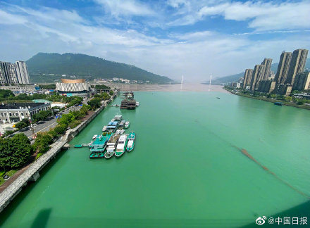 洪峰过境 重庆涪陵两江交汇现鸳鸯锅景观