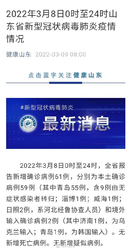 2022年3月8日0时至24时山东省新型冠状病毒肺炎疫情