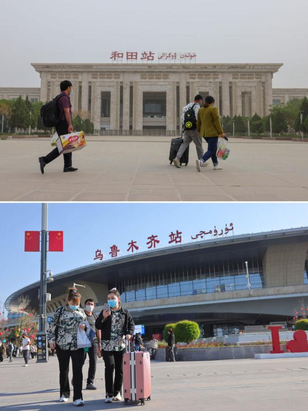 拼版照片:上图为乘坐"和田玉龙号"列车的旅客在和田火车站上车(4月28