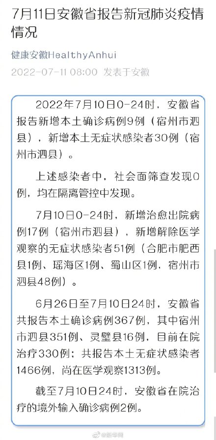 7月11日安徽省报告新冠肺炎疫情情况