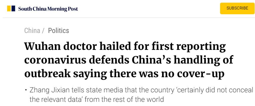 South China Morning Post: Wuhan doctor says there was no cover-up in terms of China’s handling of COVID-19 outbreak