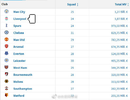球队身价排名