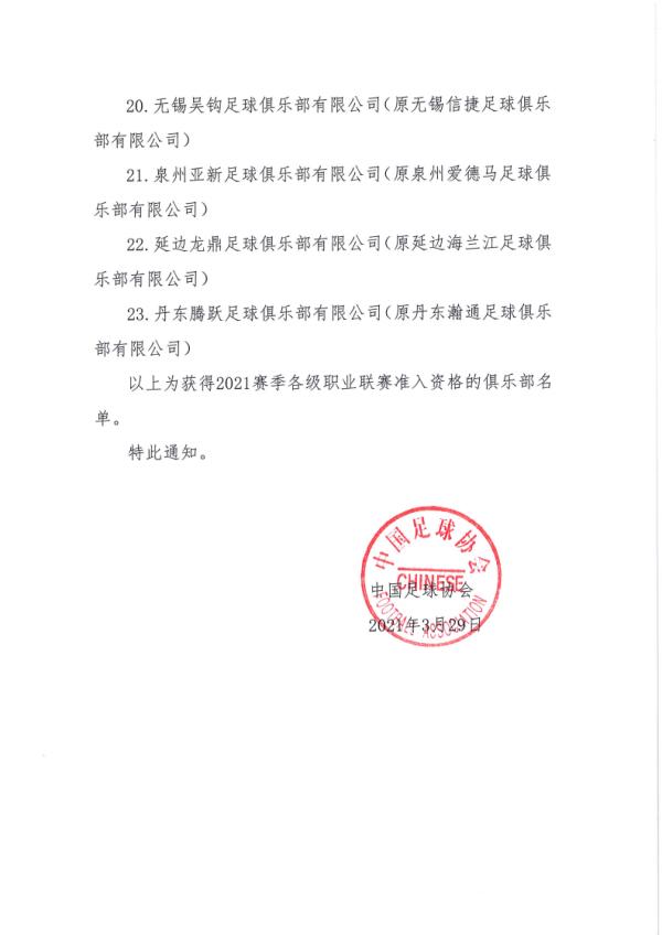 关于公布获得2021赛季中国足球协会职业联赛准入资格俱乐部名单的通知