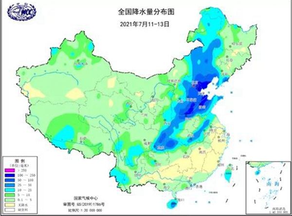 2021年7月11-13日全國降水量分佈圖華北西部出現階段性氣象乾旱.