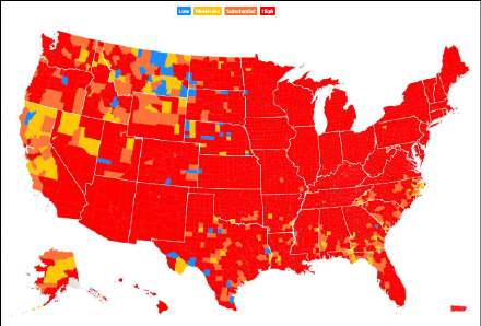 令人心惊！美国疫情地图几乎全红了