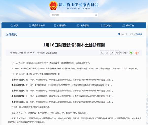 陝西1月16日新增新冠肺炎本土確診病例5例均在西安