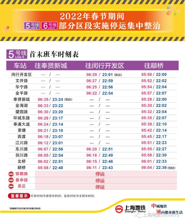 注意！上海地铁5号线、6号线春节期间部分区段停运