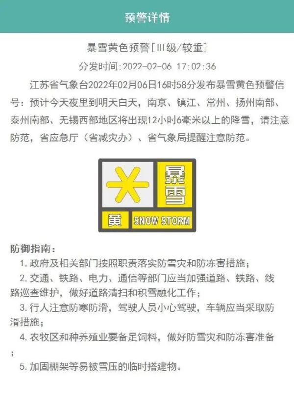 南京、镇江、常州、扬州、泰州、无锡注意！暴雪黄色预警！