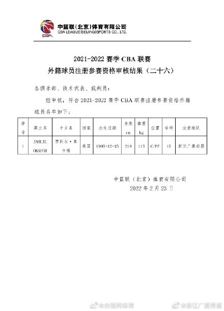 浙江广厦篮球俱乐部与贾利尔-奥卡福正式签约
