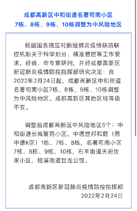 成都高新区中和街道名著司南小区7栋、8栋、9栋、10栋调整为中风险地区