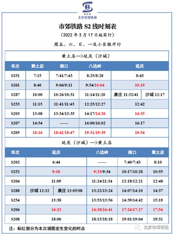 明日起怀柔-密云线和S2线列车启用新时刻表 明日起怀柔-密云线和S2线列车启用新时刻表