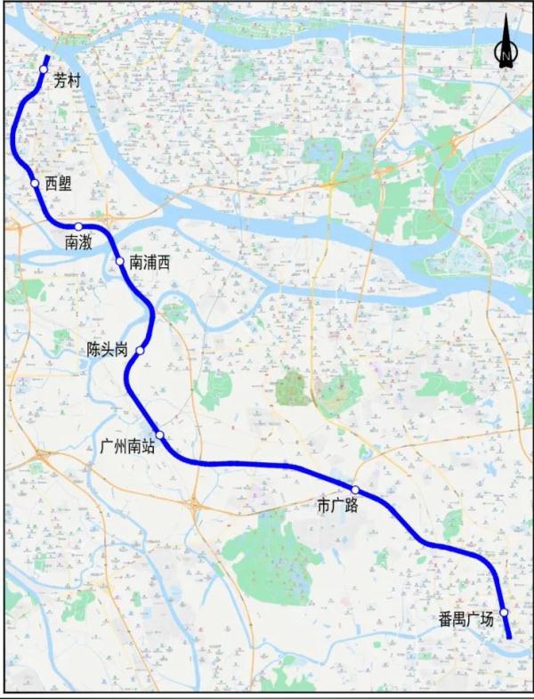 2公里,自北向南設有四座車站:陳頭崗,廣州南站,市廣路,番禺廣場.