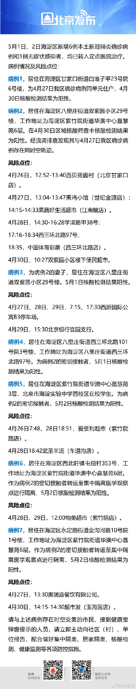 北京海淀新增7例本土感染者，新增风险点位公布