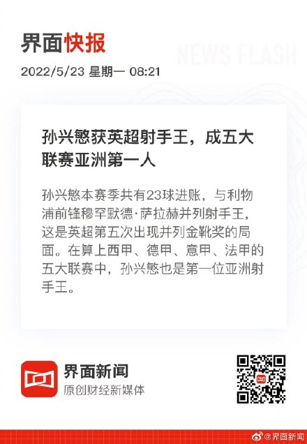 孙兴慜获英超射手王，成五大联赛亚洲第一人