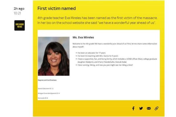 外媒披露一名得州小学枪击案遇难者信息:四年级女教师,已从教17年 外媒披露一名得州小学枪击案遇难者信息:四年级女教师,已从教17年