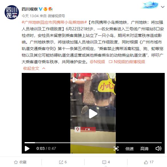 有市民携带小鸟乘坐地铁?广州地铁回应 有市民携带小鸟乘坐地铁?广州地铁回应
