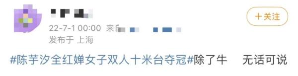 又是金牌！陈芋汐全红婵女双10米台夺冠！网友：“优秀”这个词已经说累了