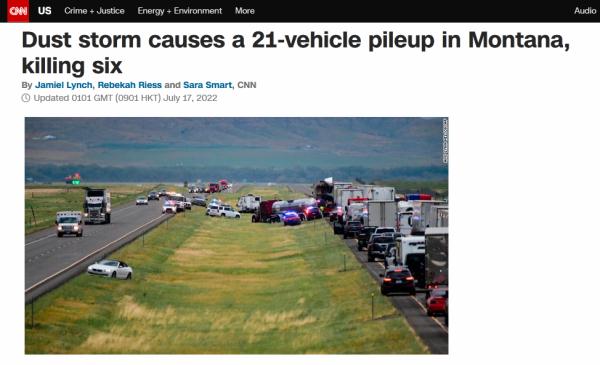 沙尘暴致美国一公路21车追尾 6死8伤
