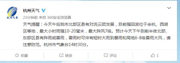杭州午后雷暴雨，你那边下了吗？降雨继续“安排”！本周天气不简单……