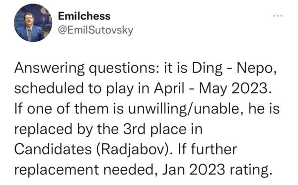 2023年国象世界冠军赛将由丁立人对阵涅波姆尼亚奇
