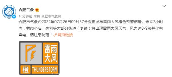 合肥,雷雨大风橙色预警! 合肥,雷雨大风橙色预警!