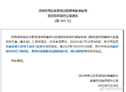 深圳市南山区新型冠状病毒肺炎疫情防控指挥部办公室通告（第 101 号）