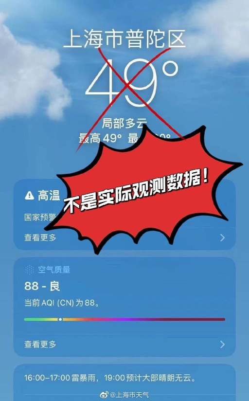 苹果手机自带软件显示上海气温50℃ 市气象局：非真实观测