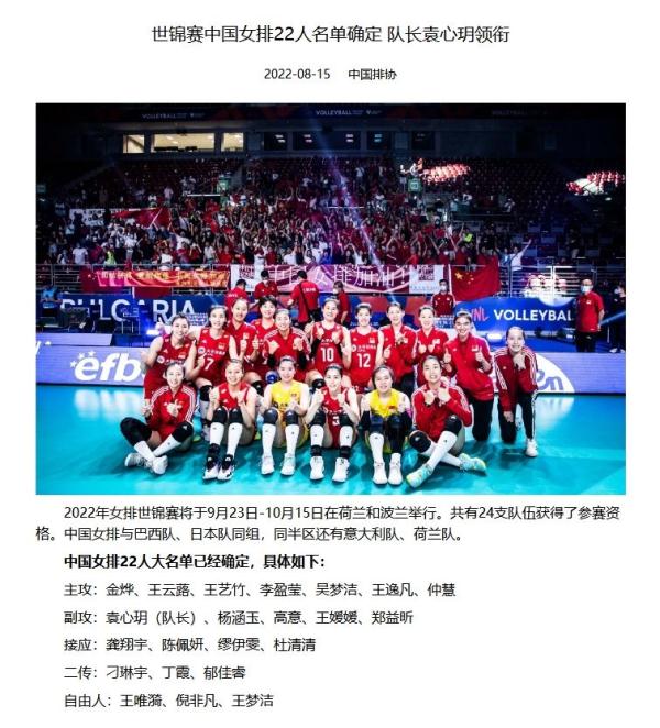 中国女排参加世锦赛22人大名单出炉