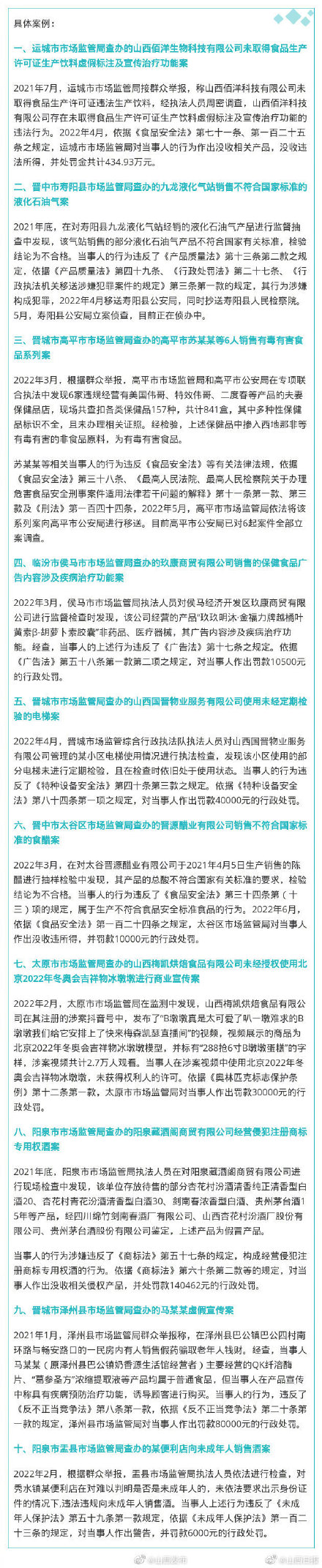 “铁拳”行动护民生 山西省市场监管局公布十起典型案例