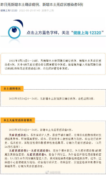 8月24日上海增本土无症状6例