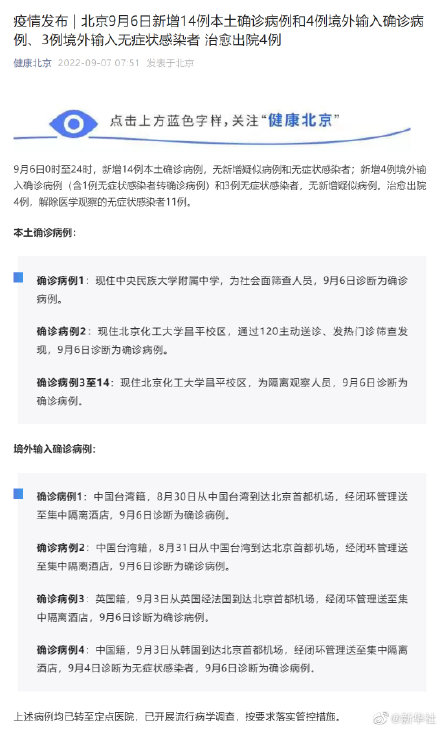 北京9月6日新增14例本土确诊病例