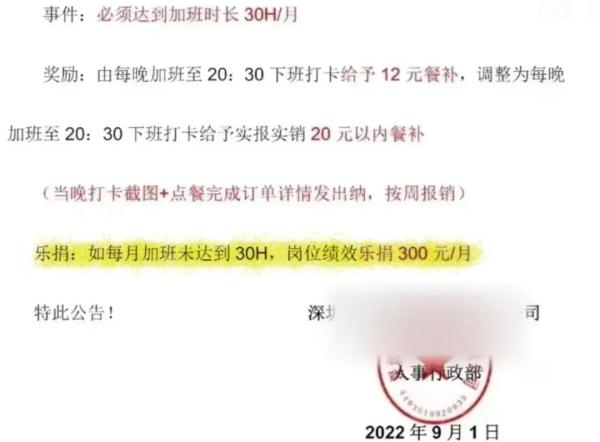 每月加班不满30小时捐300元！公司：是内部的事