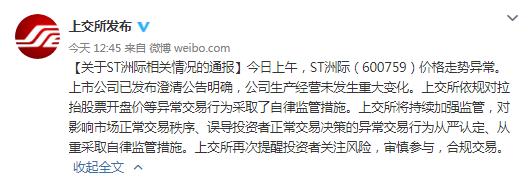 上交所通报ST洲际（600759）价格走势异常相关情况