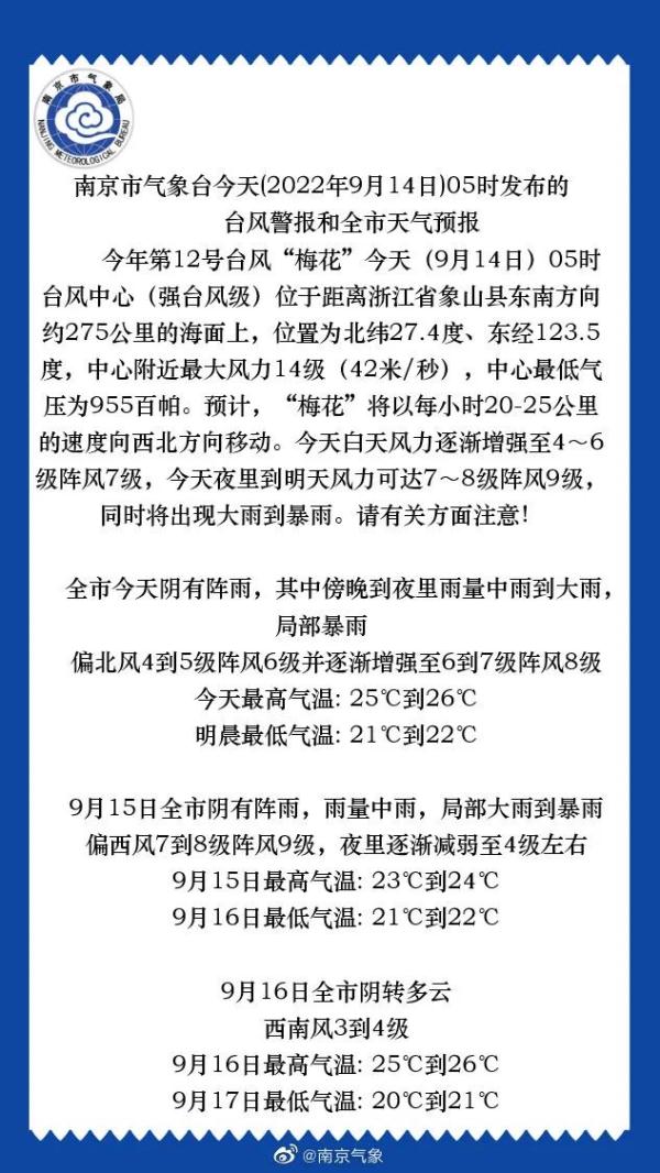 台风“梅花”今日登陆，南京市气象台继续发布台风警报