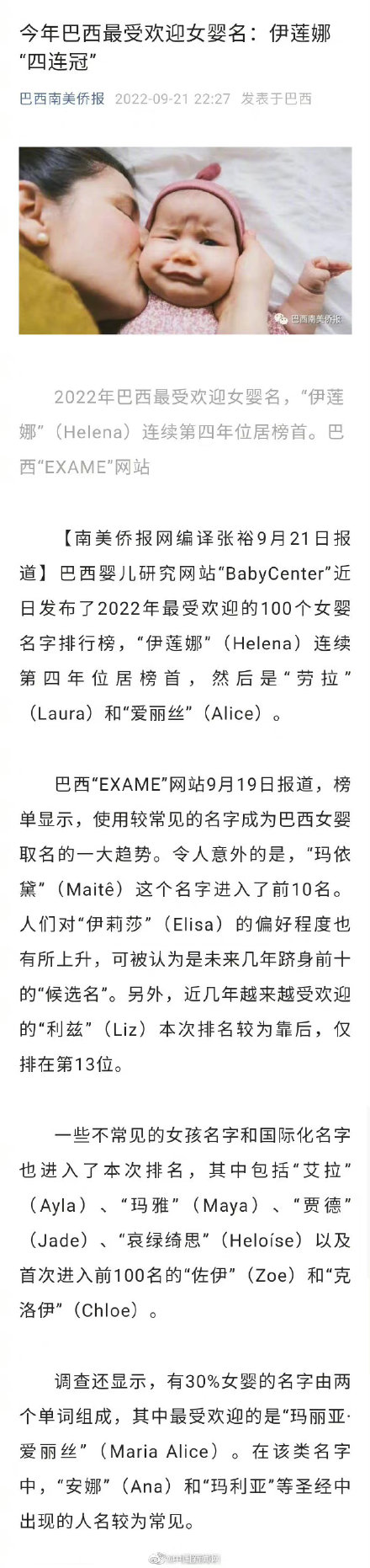 2022年巴西最受欢迎女婴名：伊莲娜“四连冠”