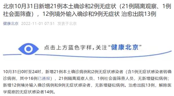 北京昨日新增本土确诊病例21例、无症状感染者2例