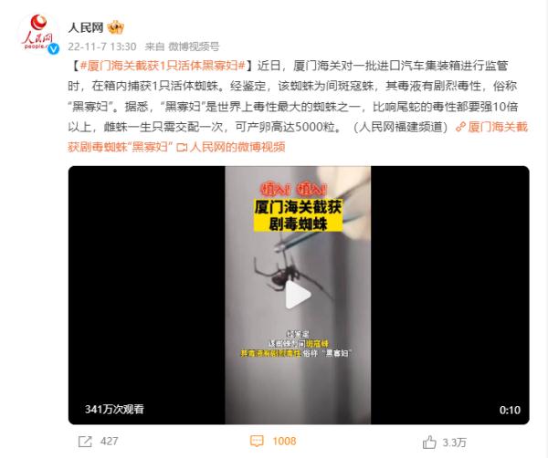 厦门海关截获1只活体毒蜘蛛 其毒性比响尾蛇强10倍以上