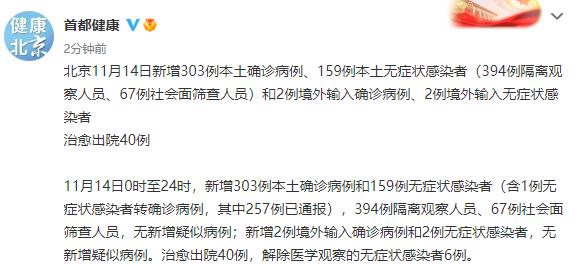 北京昨日新增本土确诊病例303例、无症状感染者159例