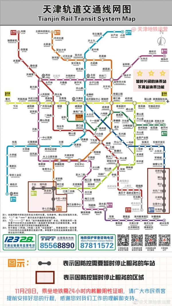 天津地铁9号线这些站临时关闭