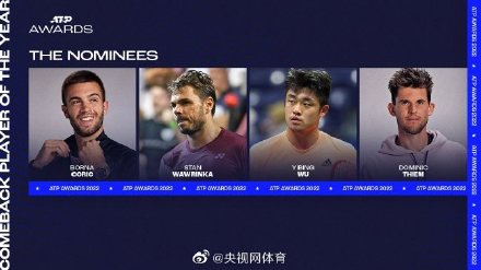 ATP公布年度奖项提名 吴易昺入围最佳复出奖