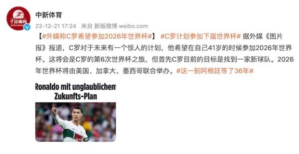 外媒称C罗希望参加2026年世界杯