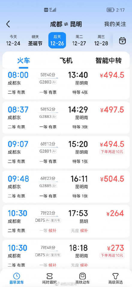 新成昆铁路车票开始发售！成都到西昌二等座票价149元、到攀枝花191元