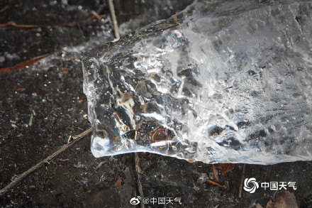 冬日里的细节美 圆明园湖面现钻石冰