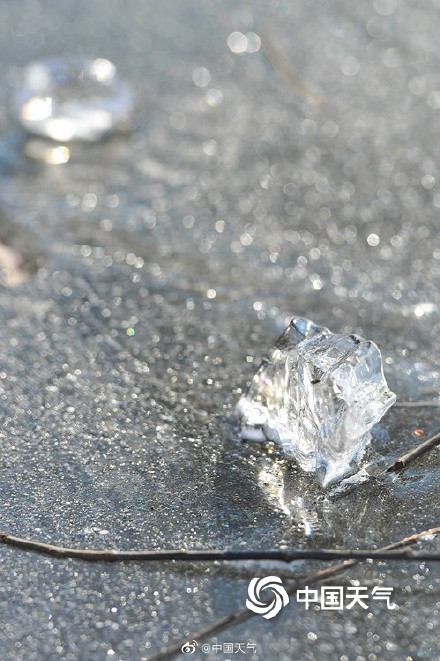 冬日里的细节美 圆明园湖面现钻石冰