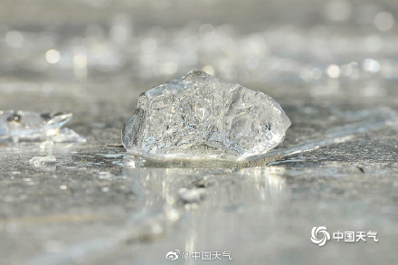 冬日里的细节美 圆明园湖面现钻石冰