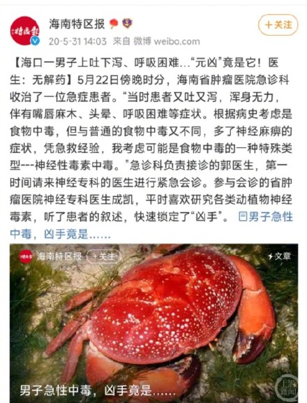 蓝环章鱼后又现毒螃蟹：海南文昌一市场售卖正直爱洁蟹，当地市监所称将调查