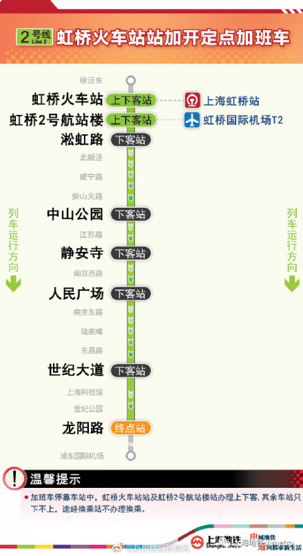 上海：地铁2号线、10号线虹桥火车站今晚延长运营